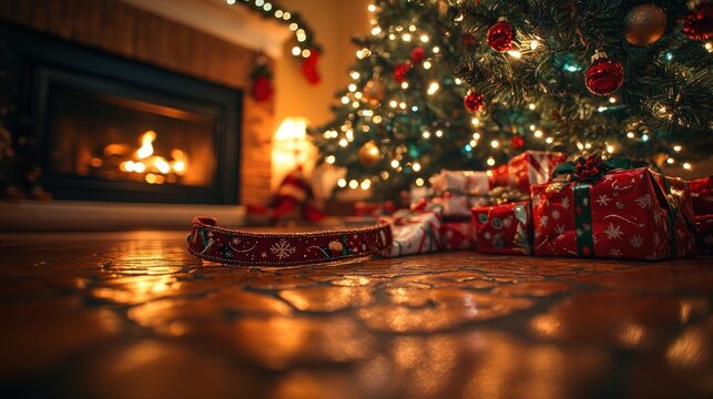 Christmas presents by fireplace, pet collar. - Powered by Adobe