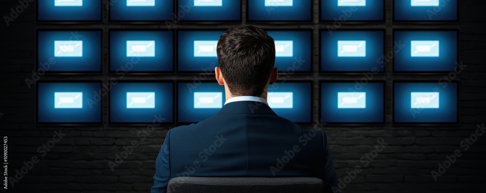 Poster a person in a suit sits in front of multiple screens displaying blue static, suggesting a digital or