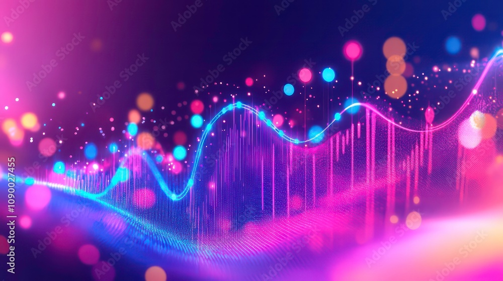 Poster abstract glowing neon line graph with bokeh lights on dark background.