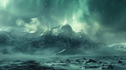 Ethereal landscape featuring mountains and auroras in a mystical setting.