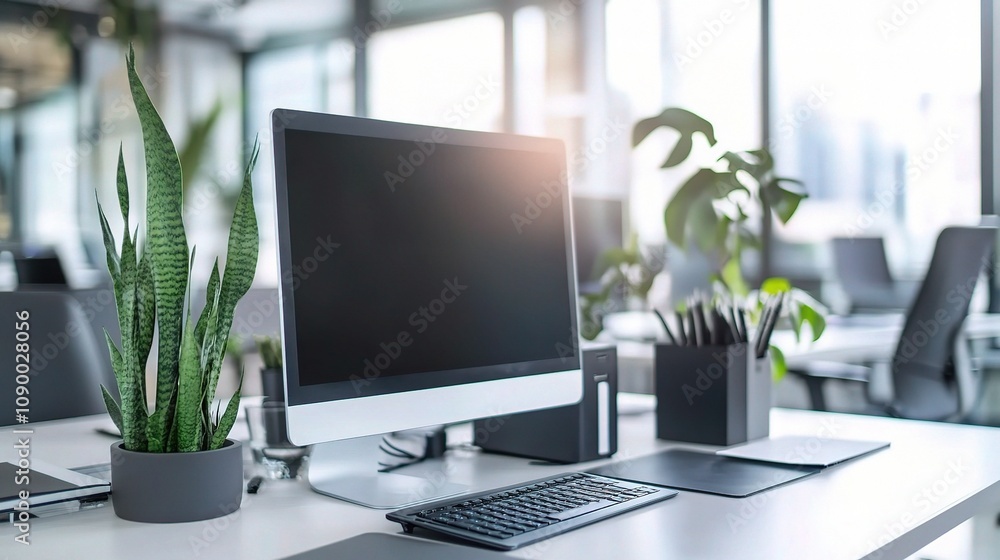Poster modern office workspace with computer and green plants showcasing a bright and airy environment desi