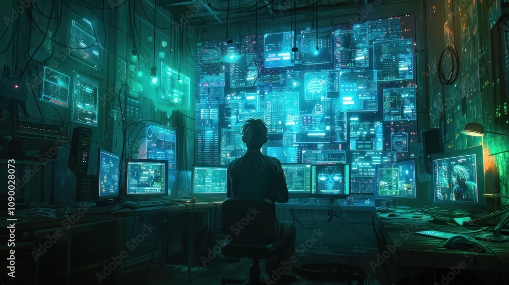 Poster a person monitors multiple screens in a high-tech control room.