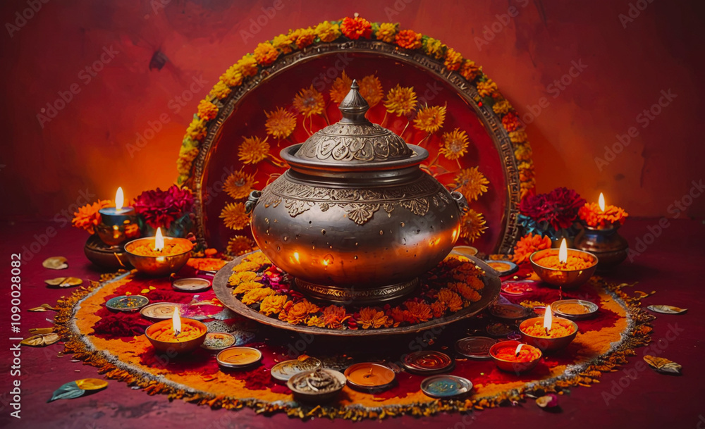 Poster a large, ornate pot sits on a table with several other small pots and candles. the table is decorate