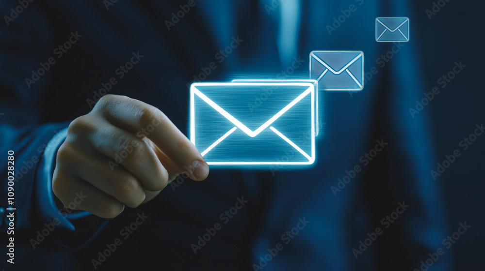 Poster digital communication management: a businessman interacts with a virtual email icon, symbolizing adv