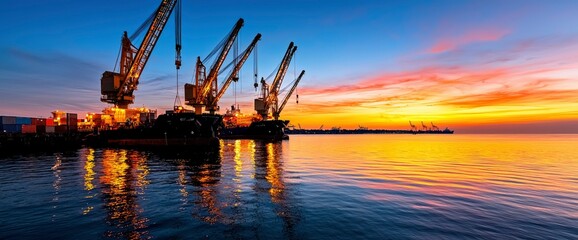 Obraz premium Vibrant Sunset over Industrial Port with Cargo Cranes and Container Ships