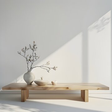 Japanese Design Sensibility: Pared-down Wooden Table Echoing Simplicity and Serenity in a Harmonious White Space