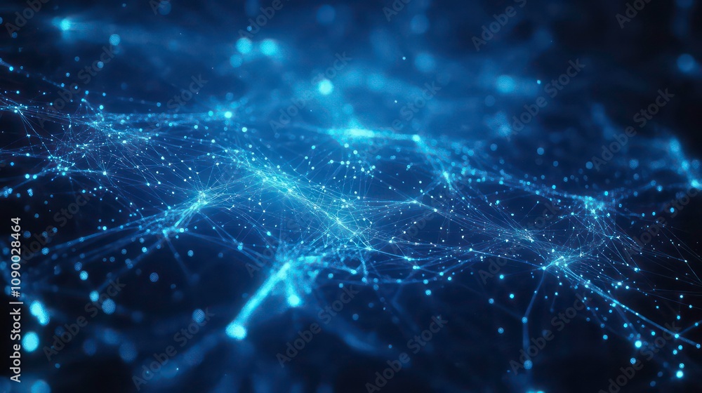 Poster abstract blue technological backdrop featuring a cyber network grid, interwoven particles, artificia