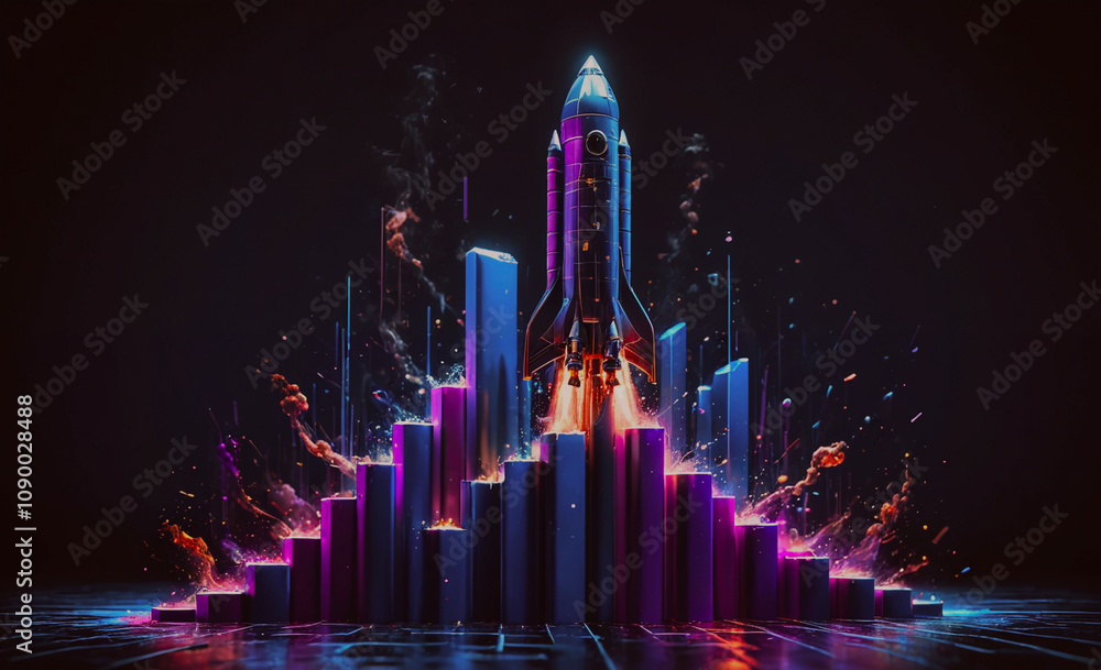 Poster a colorful cityscape with a rocket in the middle. the rocket is surrounded by buildings and the city