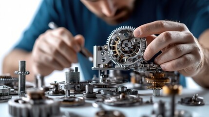 Close-up of a Skilled Craftsman Assembling Intricate Mechanical Parts with Precision and Attention to Detail for Engineering or Manufacturing Projects