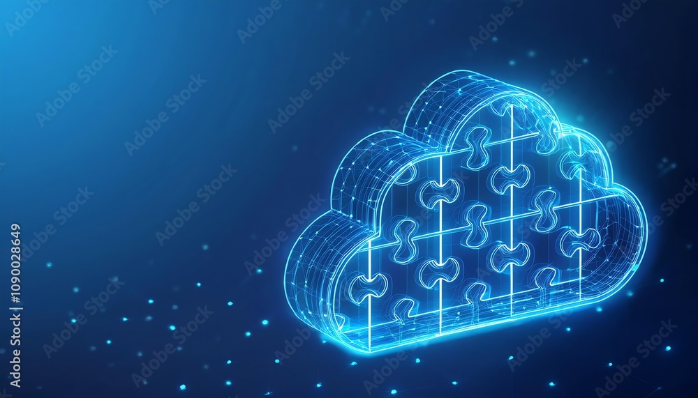 Poster a digital cloud symbol with connecting lines, representing cloud computing and data storage in a fut
