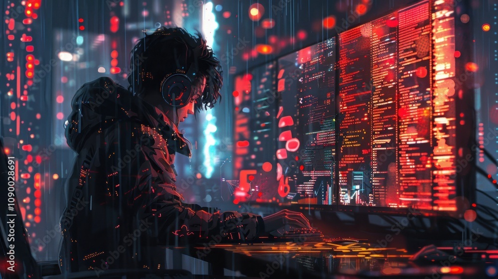 Poster a focused individual coding in a futuristic, digital environment.