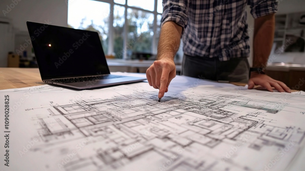 Poster a detailed architectural blueprint with a focused individual analyzing plans on a table with a lapto