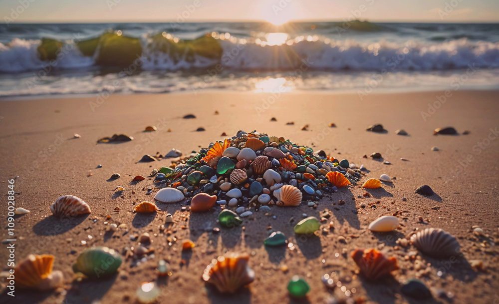 Poster A pile of shells on a beach. The shells are of different colors and sizes. The scene is peaceful and serene, with the sun shining on the sand and the water