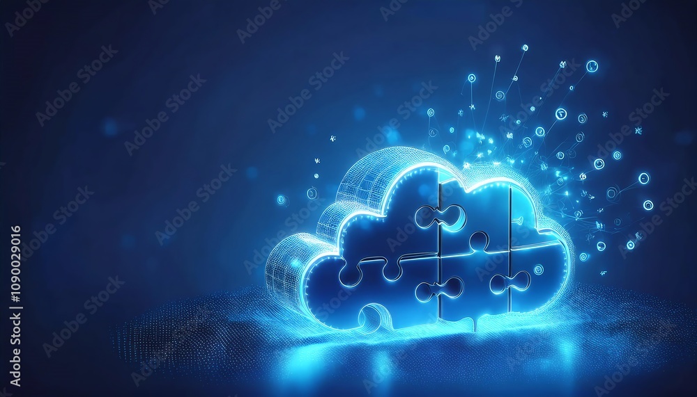 Poster a futuristic blue cloud with puzzle pieces, symbolizing data integration and digital connectivity in