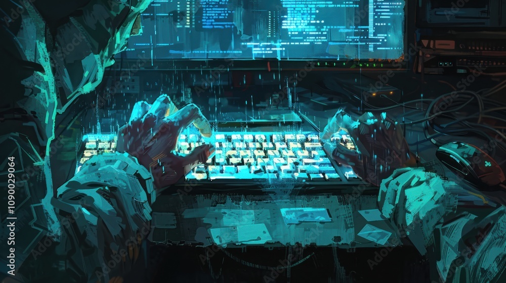 Poster a digital scene depicting hands typing on a glowing keyboard.
