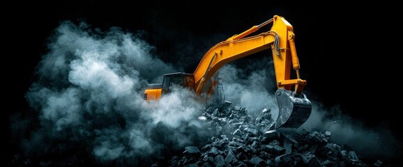 Powerful Excavator Digging in the Dark Industrial Strength and Construction Power