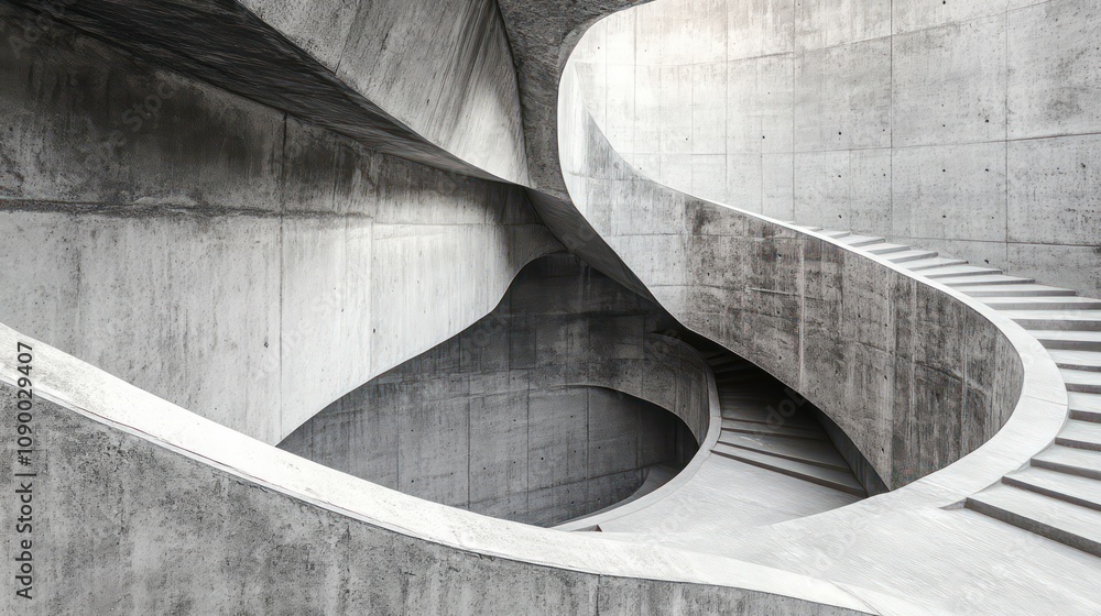 Poster a modern concrete staircase curves upwards in a spiral, creating a unique and abstract design.