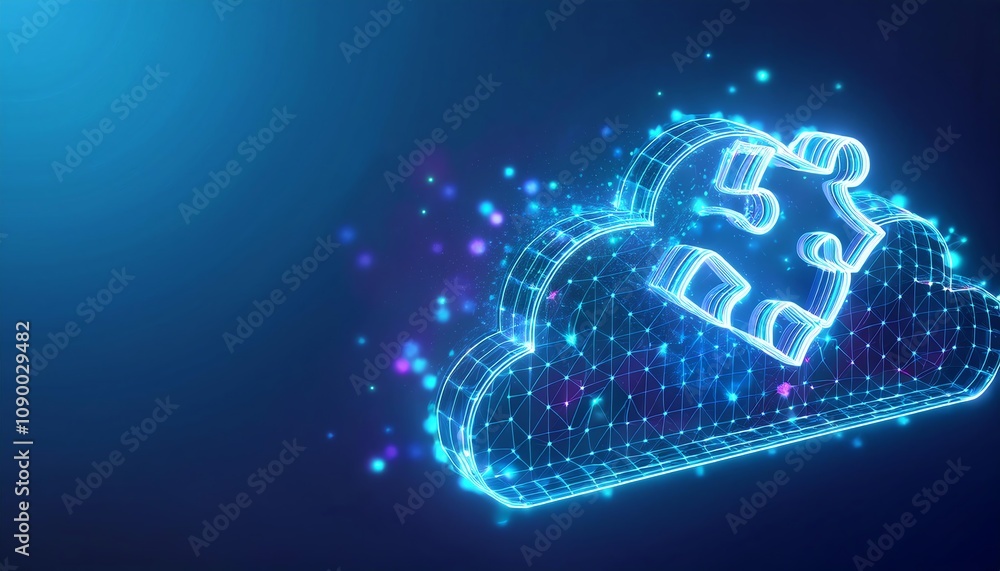 Poster a digital cloud icon with a puzzle piece, symbolizing cloud computing and integration, illuminated b