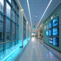 Obraz premium This image showcases a long, futuristic hallway, bathed in cool light and accented with vibrant turquoise highlights. Here's a breakdown of its prominent features: