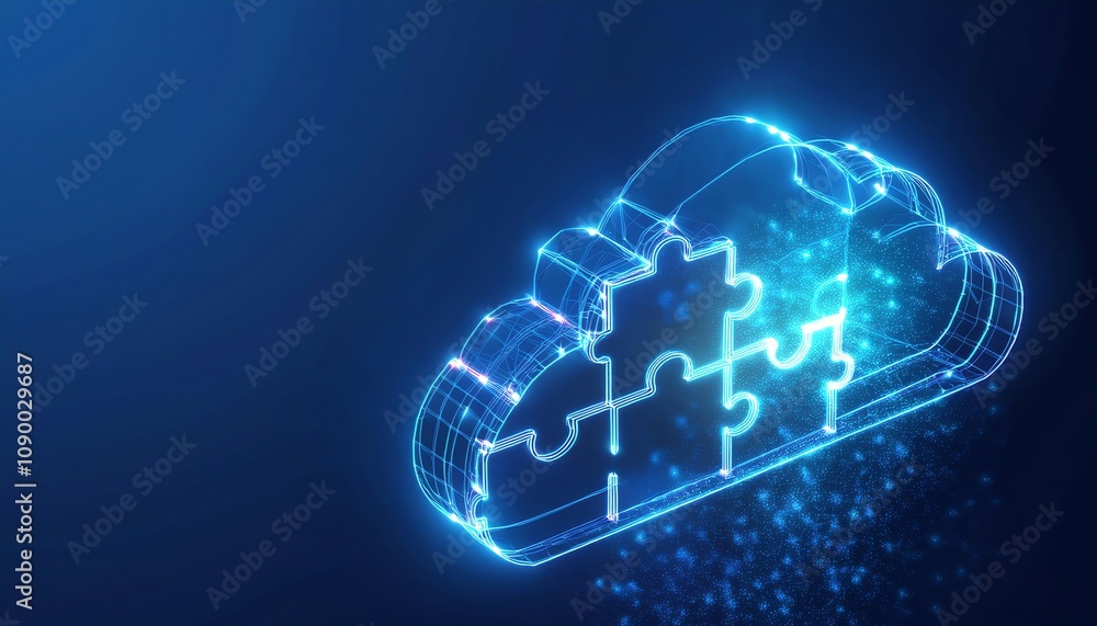 Poster a digital cloud with puzzle pieces symbolizes integration and connectivity in technology.