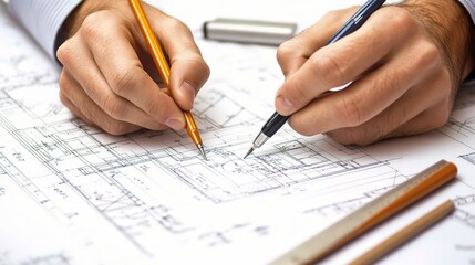Skilled Hands of an Architect Drawing Detailed Plans with Pencils on Blueprints, Showcasing Precision, Creativity, and Technical Expertise in Design Projects