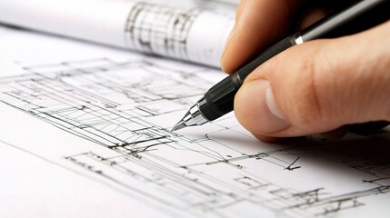 Hand of an Architect Drawing Detailed Plans on a Blueprint, Showcasing Professional Skills and Precision in Design and Construction Projects
