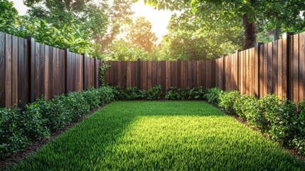 Fototapeta premium Serene Backyard with Lush Green Lawn and Wooden Fence