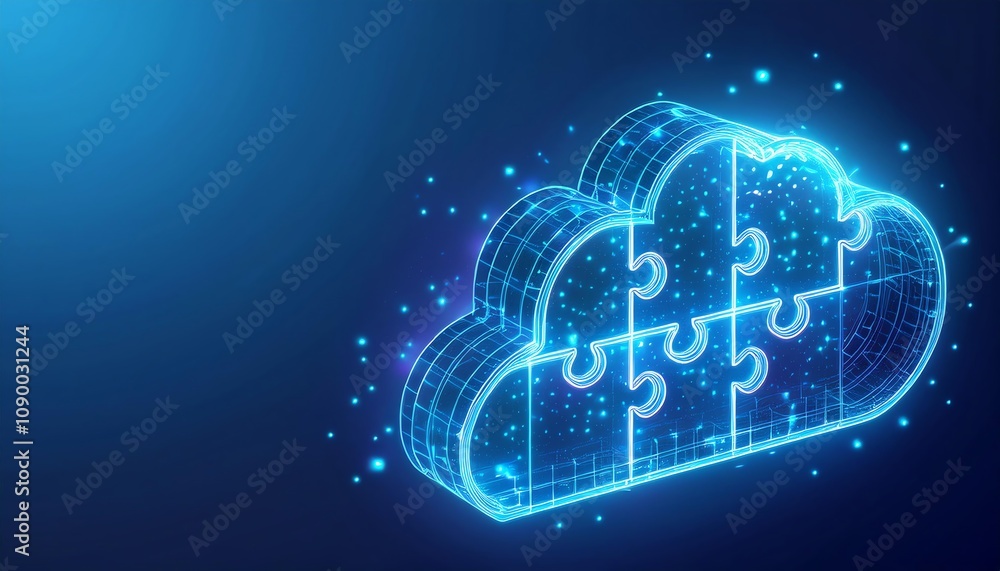 Poster a digital cloud made of glowing puzzle pieces, symbolizing connectivity and data integration in a mo