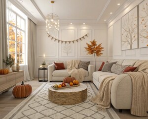 A modern living room decorated for Thanksgiving with pumpkins