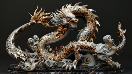 A detailed sculpture of a dragon entwined with clouds.