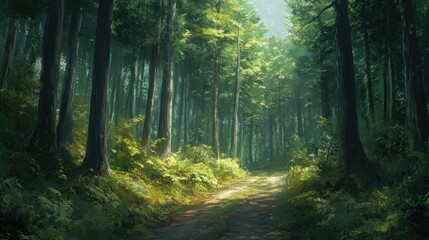 Obraz premium A forest path surrounded by tall trees with vibrant green foliage, inviting one to explore the beauty of the natural world.