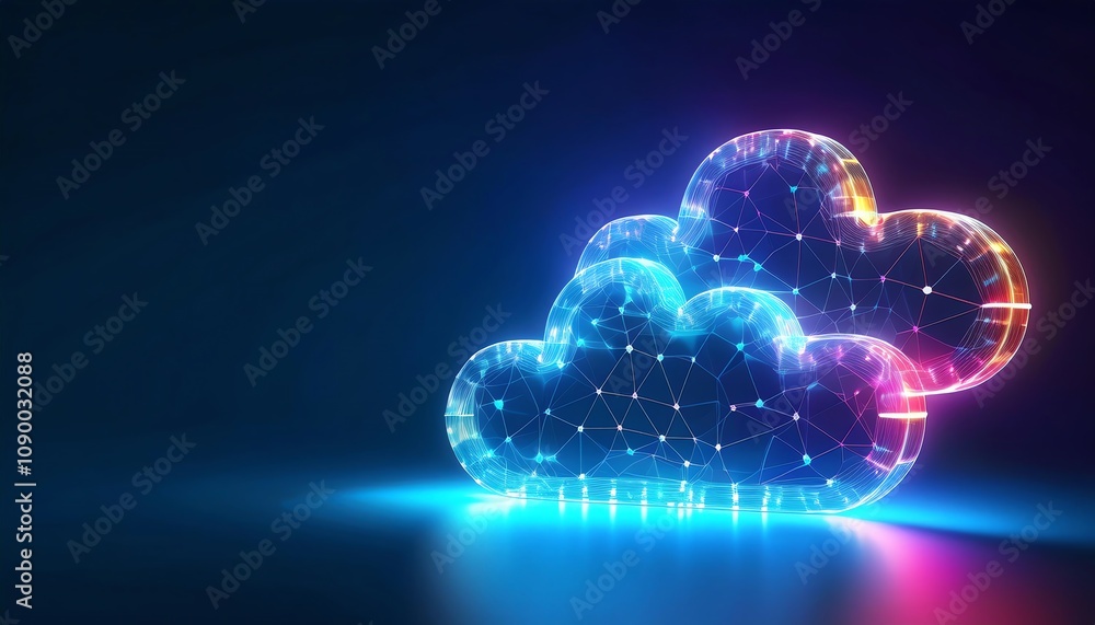 Poster a vibrant, digital representation of interconnected clouds, showcasing technology and data storage w