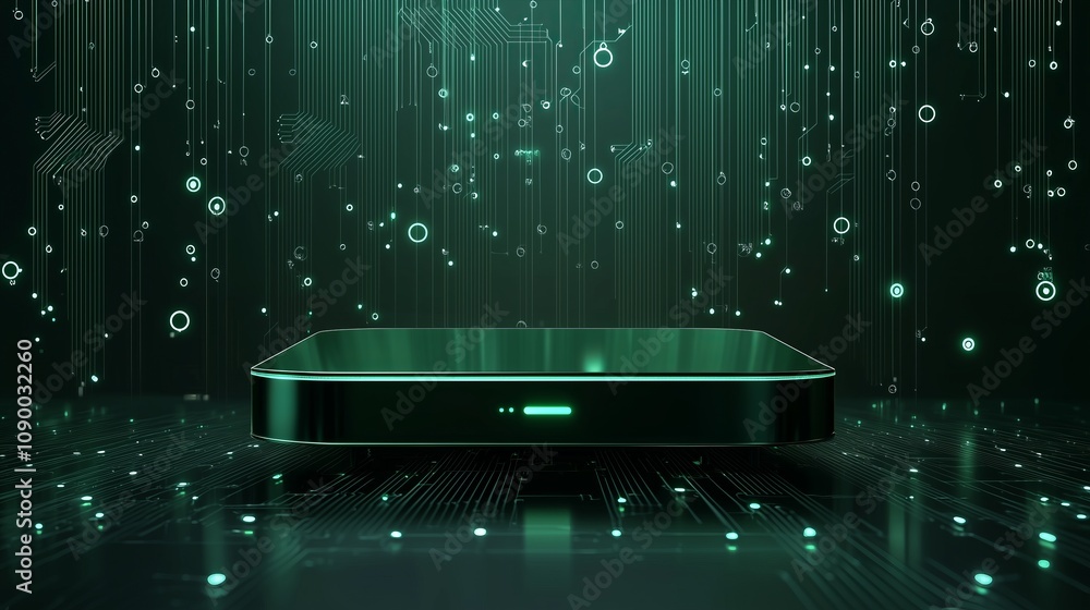 Poster futuristic digital device with neon lights and data streams in a dark background representing advanc