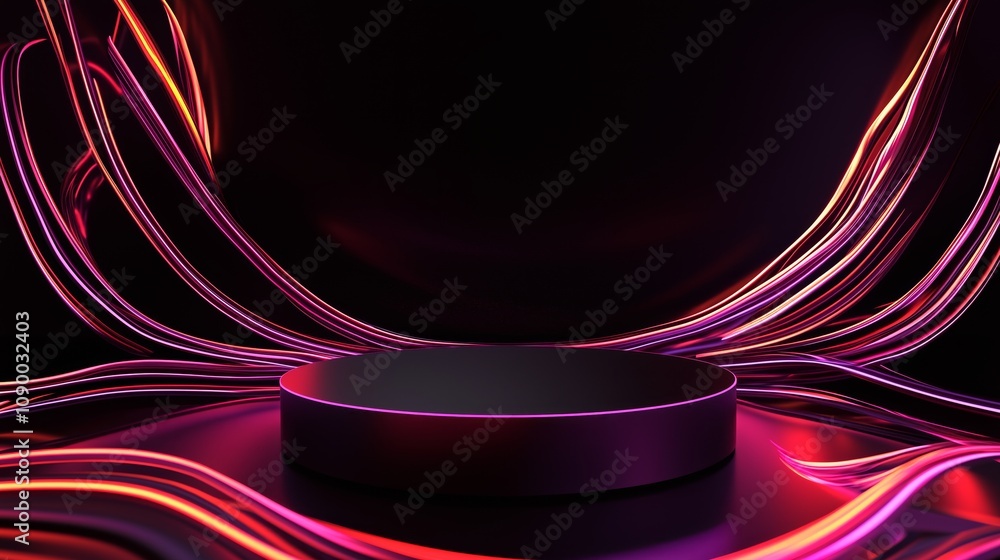 Poster dynamic neon light display with circular platform in a dark background for product presentation and 