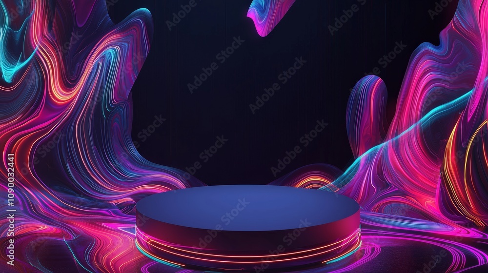 Poster abstract colorful background with neon light waves, round display platform, and artistic design for 