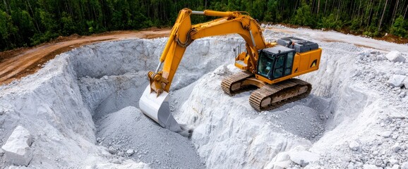 Excavator Digging in a Limestone Quarry Aerial View