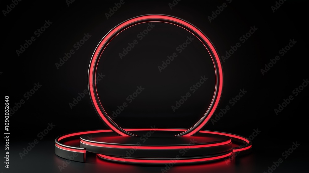 Poster abstract composition featuring futuristic circular rings with glowing red light on a dark background