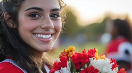 Naklejka premium Cheerleader smiling brightly with bouquet of red and yellow flowers