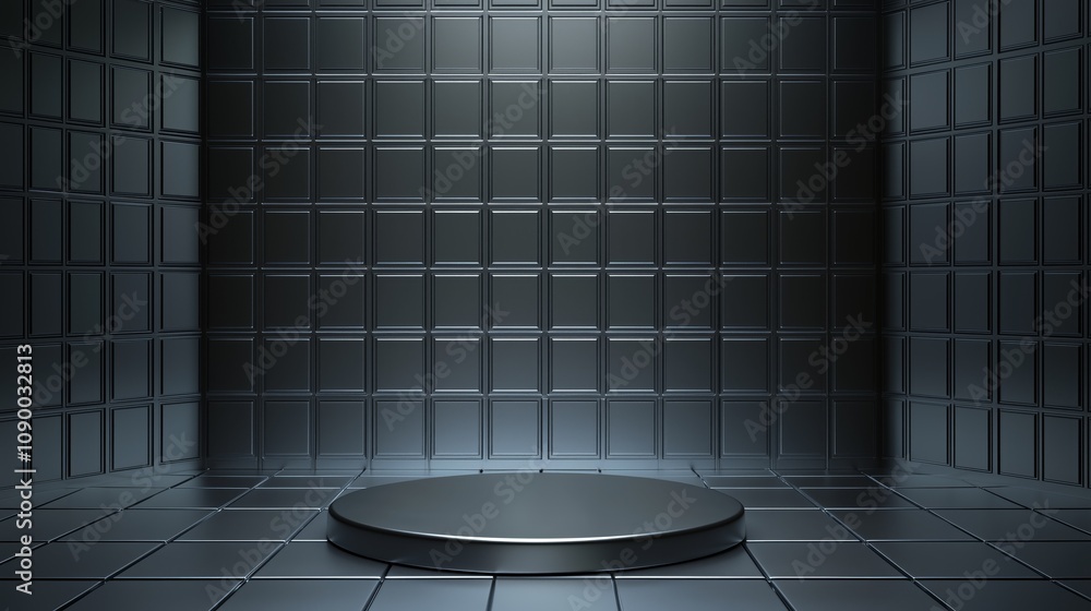 Poster modern minimalist studio space with dark tile walls and circular platform for product display, ideal