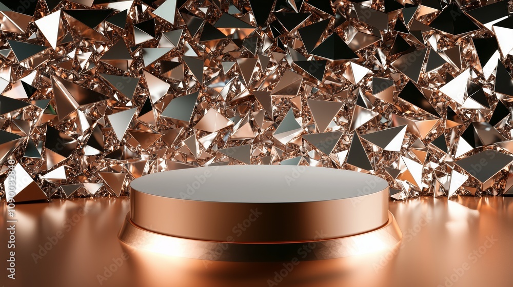 Poster abstract studio scene with a circular metallic podium surrounded by an array of reflective geometric