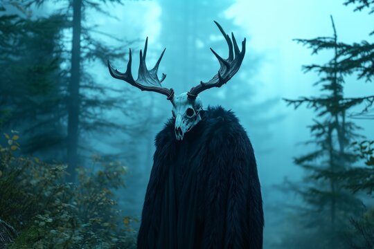 Wendigo mythical monster in scary winter forest. Evil spirit. Shaman or druid wearing in horn animal skull and cloak. Wiccan religion. Halloween, Yule, pagan New Year