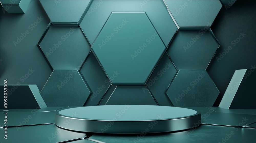 Poster modern geometric background with hexagonal shapes and circular platform for product display in a sty