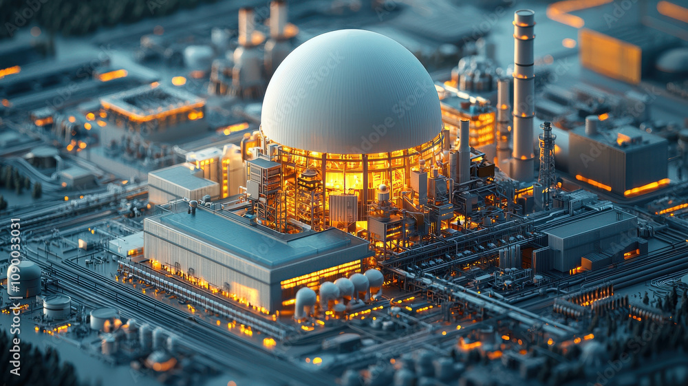 Poster detailed 3d rendering of nuclear power plant showcasing its cross sectional view, highlighting intri