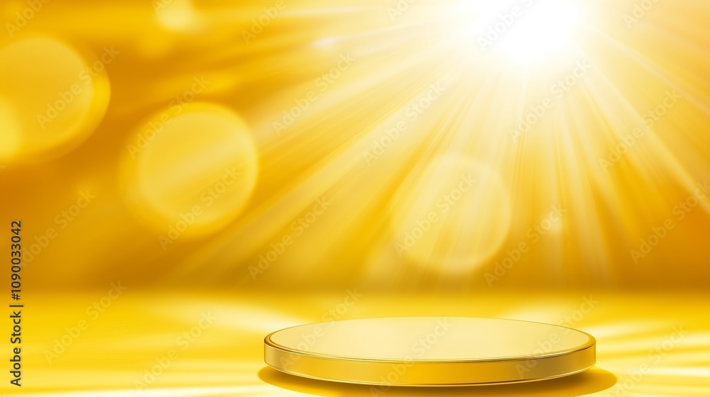 Poster bright and shimmering gold background with rays of light and glowing sphere for product display, sho