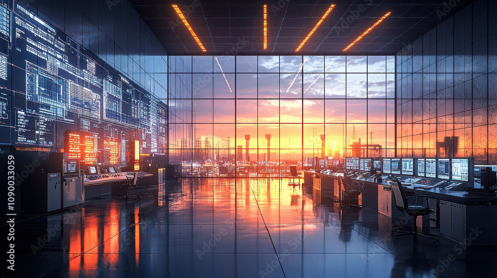 Aufkleber high tech control room with large windows showcasing sunset view. room features advanced monitoring 