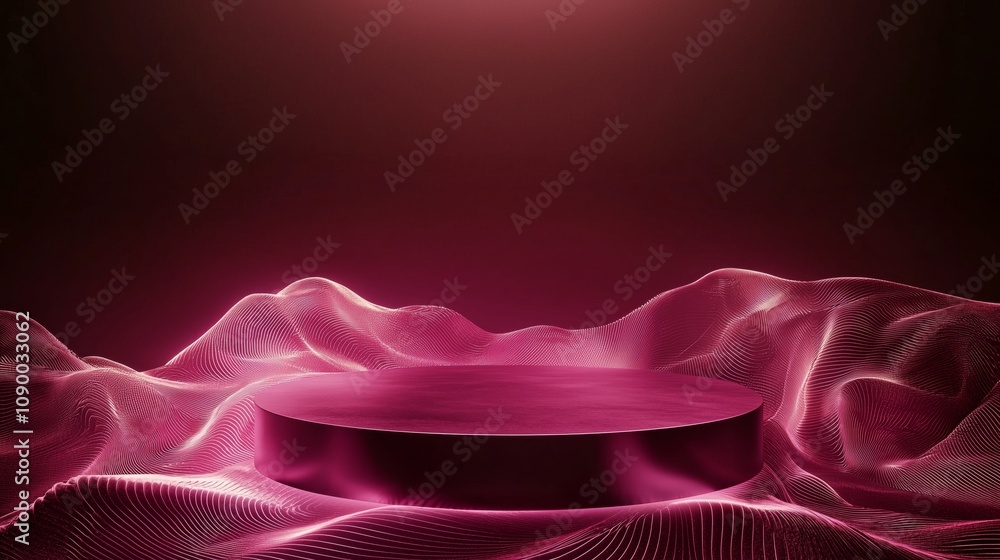 Aufkleber abstract background with pink wavy curves and circular platform for display, ideal for product showc