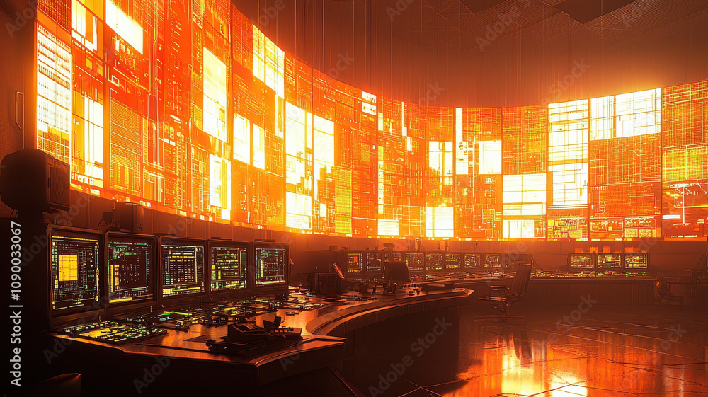 Poster high tech control room with glowing screens and data displays, showcasing advanced technology and fu