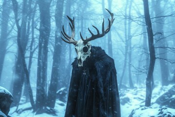 Wendigo mythical monster in scary winter forest. Evil spirit. Shaman or druid wearing in horn animal skull and cloak. Wiccan religion. Halloween, Yule, pagan New Year