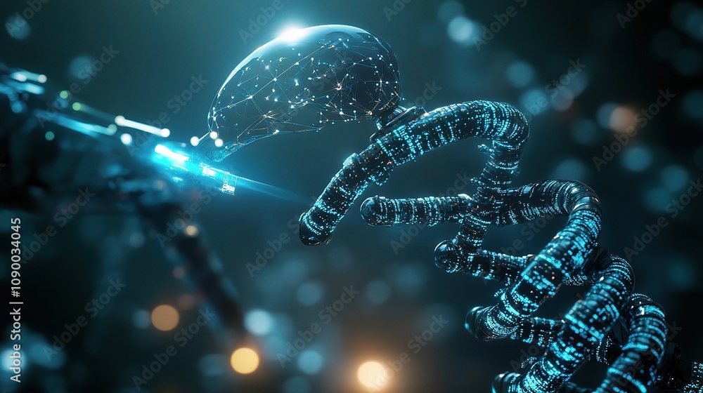 Poster futuristic robotic interaction with complex data structures representing advanced technology and art