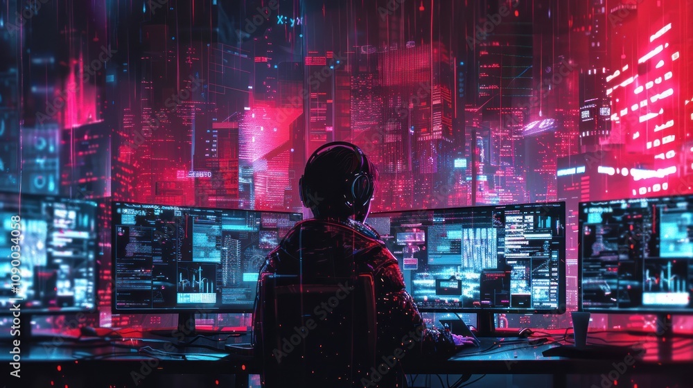 Poster a person in headphones working at multiple computer screens in a cityscape.